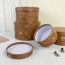 4pcs/Set Vintage Brown Round Christmas Element Storage Boxes, Christmas Tree & Gift Print, Multi-Layer Stackable, Gift Packaging Boxes - Brown - View 8