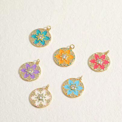 1pc Copper Colorful Fashionable Round Drip Oil Snowflake Hexagram Pendant, DIY Hanging Accessory, Sweet & Jewelry