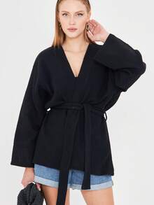 Kimono da donna a maniche lunghe con laccio frontale, colore unito, stile minimalista per uso quotidiano