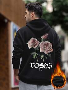 Zrgoth 男士复古玫瑰印花基础款连帽衫，黑色，秋冬款 - 黑色 - 查看 2