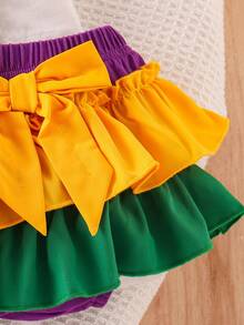 2pcs Baby Girls Cute Dopamine Color White Long Sleeve Bodysuit + Colorful Skirt Set, Autumn/Winter