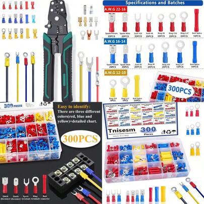 300PCS Insulated Wire Crimp Connectors Assortment Kit With Ring Spade Butt Quick Disconnect Crimp Automotive Cable Terminals TN-T01