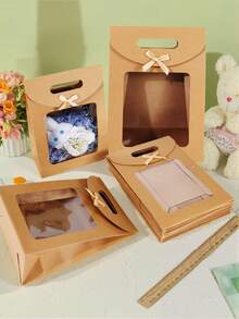 5pcs Bowknot Transparent Window Gift Bags, Extra Small/Small/Medium/Large Size, Brown Color, Suitable For Birthday Party, Christmas, Mystery Box