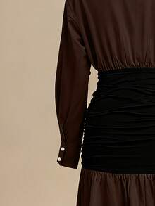 Solid Color Women's Casual Shirt Collar Patchwork Long Dress, Front Button Closure