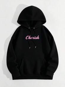 Women's Hoodie, Fleece-Lined Warm Pullover With Pocket, Loose Fit For Fall & Winter - Soft Everyday Outerwear, Bow & Cherry Print, Cute Casual Fall Outfit, Tops For Women,  Outfits - 黑色 - 查看 4