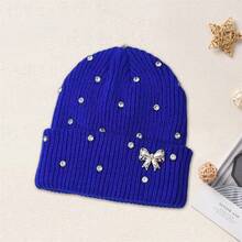 Women Knitted Hat, Bow Pearls Shiny Rhinestones Soft Crochet Hat Warm Winter Cap For Indoor Outdoor - Xanh đậm - Xem 4