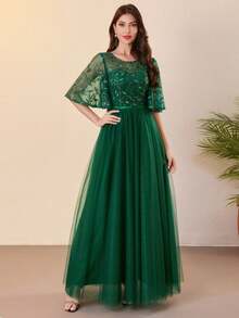 Women's Formal Ball Gown Lace Sequin Mesh Graduation Party Dress, Sequin Ruffle Sleeve Long Evening Dress, Bridesmaid Dress - Dark Green - View 1
