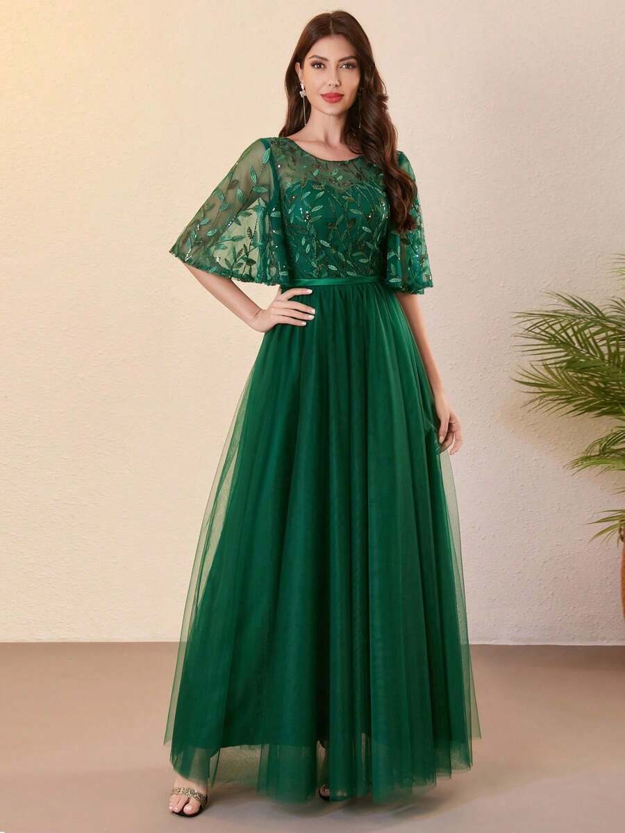 Women's Formal Ball Gown Lace Sequin Mesh Graduation Party Dress, Sequin Ruffle Sleeve Long Evening Dress, Bridesmaid Dress - Dark Green - View 1