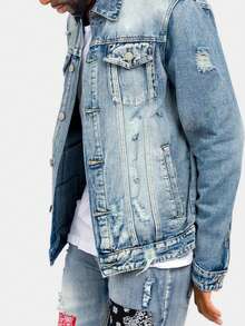 Hip Hop Printed & Embroidered Casual High Street Loose Fit Rock Youth Denim Jacket - Light Wash - View 3