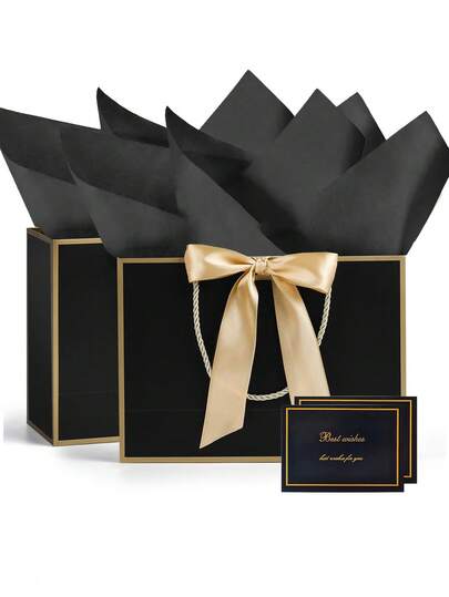 30个黑色礼品袋，金色点缀，内含礼品包装纸、丝带和贺卡。配有提手和蝴蝶结。适用于生日、婚礼、周年纪念、新生儿派对、新娘派对、母亲节及其他特殊场合。也适合迎新派对、乔迁庆祝和毕业典礼等场合。