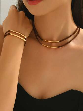 2件套新款创意棕色颈圈和手环双层简约欧美休闲嘻哈风套装