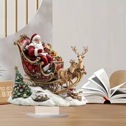 [Fast Arrival] Santa & Reindeer Sleigh Acrylic Ornament - Perfect Christmas Tabletop Decor, Ideal For Home, Office, And Cafe