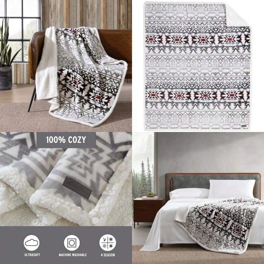 Eddie Bauer - , Sherpa Reversible súper Suave y Forro Polar Cepillado, Mantas para sofá, para Descansar (Rojo Grizzly Peak)(1.27 m x 1.53 m Clyde Hill Stripe) - Tipo 1 - Ver 1