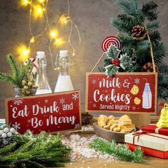 2 Peças de Placa de Pendurar de Natal, Decoração de Parede Rústica Sinal de Decoração de Natal para Uso Interno e Externo, Cozinha, Cafeteria, Festa