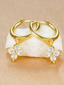 Nooxian 2 件女士耳环，铜镶嵌锆石幸运四叶草吊坠环状耳环，日常叠戴耳环，礼物 - 金黃色 - 查看 11