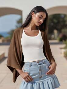 Shrug Cardigan For Women Fashionable Lightweight Solid Color Open Front Loose Cover Up - marrón oscuro - Ver 2