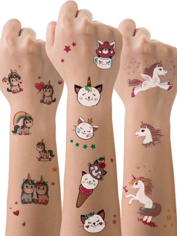 30PCS Children's Tattoo Stickers Cute Cartoon Fairy Tale Unicorn Pattern Temporary Fake Tattoo Stickers Simple And Convenient For Boys And Girls Daily Parties, Festival Gifts, Party Play DIY Face, Wrist, Body Temporary Tattoo Stickers