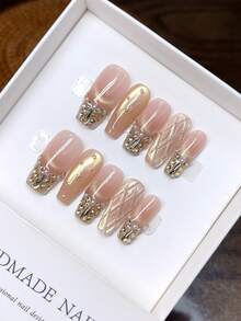 10 片纯手工制作可穿戴指甲；美甲；梯形指甲形状；手绘个性化裸色猫眼法式嵌入式指甲；按压式指甲 - 彩色 - 查看 5