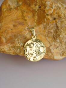 MECYLIFE 1pc Stainless Steel Round Moon Sun Star Pendant Necklace, Simple Design Women Necklace - Yellow Gold - View 6