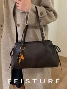 1pc Vintage Large Capacity PU Material Women's Shoulder Bag, Bowling Bag Style, Get Free Accessory Charm With Store Follow, Suitable For Daily Outing, Dating, Commuting - Coffee - View 5