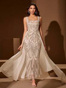 Elisanya Đầm dài không tay màu trơn cổ vuông, thêu họa tiết cầu kỳ, đính cườm và sequin dành cho nữ, thích hợp cho các dịp trang trọng, tiệc chiêu đãi, liên hoan, lễ đính hôn. - Màu be - Xem 2
