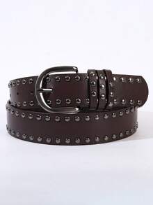 1pc/2pcs Women's Metal Buckle Double Row Rivet Solid Color Punk PU Leather Solid Stud Decor Waist Belt Accessory, Suitable For School, All Seasons, Gift For Women