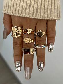 6pcs/Set Vintage Geometric Floral Gemstone Bling Asymmetrical Textured Faux Tiger Eye Exaggerated Wide Band Rings Set, Suitable For Holiday, Party, Date, Gift, Daily Wear
