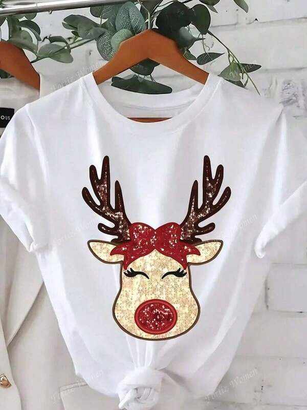 Playera camiseta mujer dama cuello redondo manga corta estampado GRAFICO DE NAVIDAD CHISTMAS XMAS MERRY CHRISTMAS NAVIDEÑO SANTA CLAUS RODOLFO EL RENO GRAPHIC