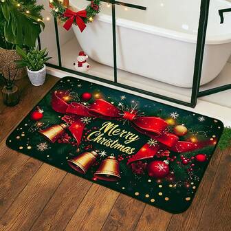 1 Noel Kapı Paspası - "Mutlu Noeller" Altın Harfli, Kırmızı Fiyonklu ve Altın Çanlı Kaymaz Paspas - İç/Dış Mekan Kullanımı İçin Makinede Yıkanabilir Polyester - Ön Kapı, Oturma Odası veya Banyo İçin Tatil Dekorasyonu - Harika Bir Noel Hediyesi, Ev Dekorasyonu ve Yıkanabilir Kumaş Paspas Olur
