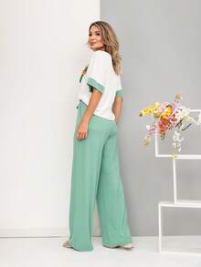 Women's Set, Wide Leg Pants, Two-Tone Sleeve Blouse, Loose, Elegant - Water Green - View 4