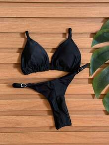 Kit 2 Bikini Thong Ribbon Bronze Curtain Beachwear Summer 2025 With Polyamide Cups Simple Elegant Casual - 赭石色 - 黑色 - 查看 3