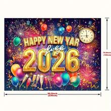 2D平面横幅，1条2026新年横幅 - 金色新年快乐，配以烟花、香槟、气球 - 海军蓝派对装饰 - 无需电源 - 耐用涤纶材质，室内/室外皆宜，适合新年、新年派对装饰 - 1pcs - 查看 4