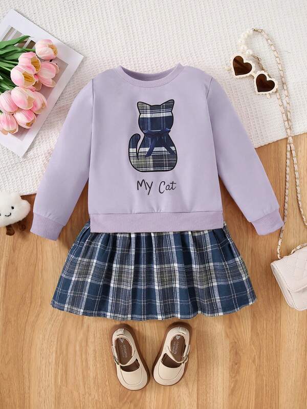 1 件女童休闲“我的猫”字母、蝴蝶结和猫图案柔软针织长袖运动衫连衣裙，格子图案，秋冬