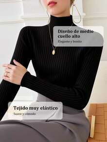 Nueva camiseta de canalé de manga larga para mujer, suéter de cuello alto, parte inferior de manga larga, ropa de mujer de otoño - Negro - Ver 4