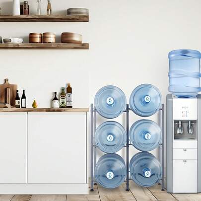3 Tiers Water Jug Holder, 5 Gallon Water Bottle Holder, Double Row Water Bottle Rack For 6 Bottles, Heavy Duty Water Jug Rack For Kitchen, Office, Living Room, Silver