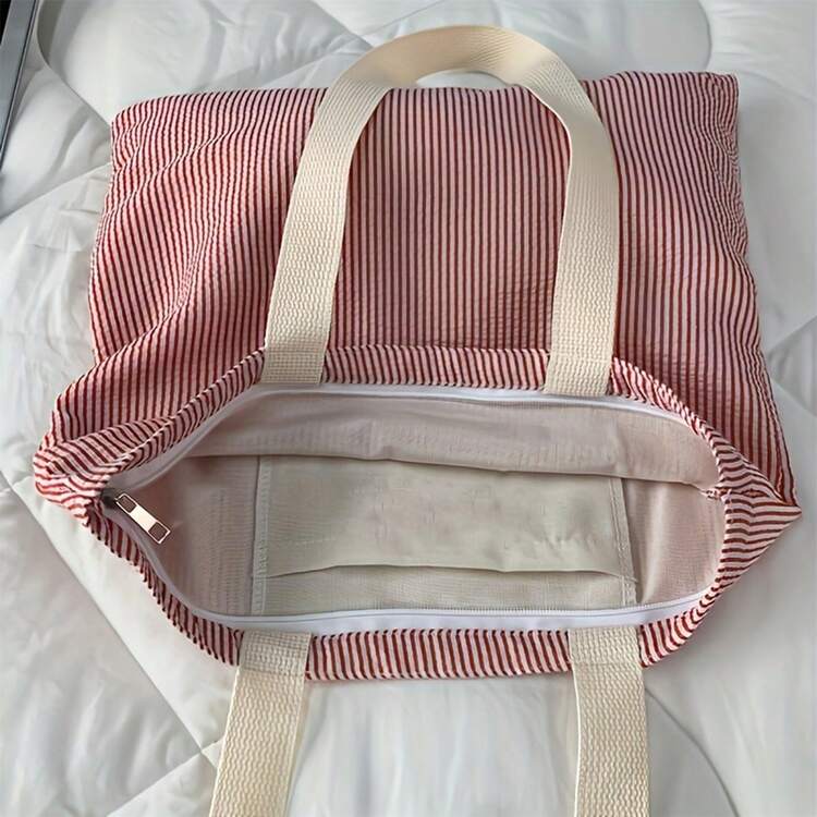 Bolso de lona con diseño a rayas, moderno, para uso diario, de gran capacidad. - Rojo - Añade 8
