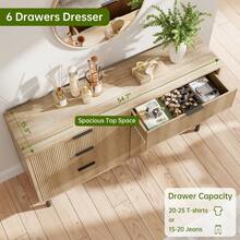 Wood Wide Double Dresser With Metal Legs And Handles, Fluted 6 Drawer Dresser, Modern Chest Of Drawers With Anti-Tipping Design For Bedroom Living Room, Hallway - 棕色 - 查看 5