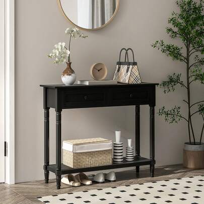 HOMCOM 36" Modern Console Table With Drawers, 2-Tier Narrow Entryway Table With Shelf And Turned Legs For Behind Couch, Hallway, Living Room, Black