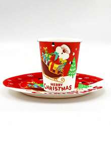 12 件圣诞主题一次性纸杯和盘子套装，圣诞节一次性纸杯和盘子 - 彩色 - 查看 7