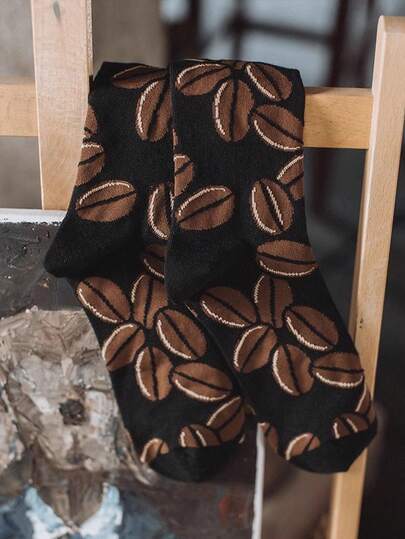 1 Pair Men's Coffee Bean Patterned Dress Socks, Fashionable Mid-Calf Socks, Autumn/Winter