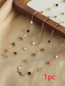 Nooxian 1 buah Kalung Wanita, Kalung Buatan Tangan dari Baja Tahan Karat dengan Manik-Manik Batu Alam Campuran Warna Acak, Aksesori Penumpukan Sehari-hari (Warna & Jumlah Manik-Manik Acak, Tanpa Kotak Hadiah) - Yellow Gold - View 6