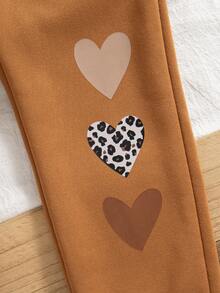 Set 2 piese ținute casual pentru fete preadolescente, hanorac cu mânecă lungă și pantaloni cu guler rotund și imprimeu cu inimă, căptușeală termică, toamnă/iarnă - Kaki - Vizualizare 8