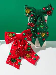 1pc Fashionable Christmas Element Bow Hair Clip, Women PET Material Flower Decor Spring Clip With Rhinestone & Pearl, Holiday Party Essential Accessory, Claw Clips, Hair Slide, Hair Barrettes, Hair Accessories - متعدد الألوان - مشاهدة 1