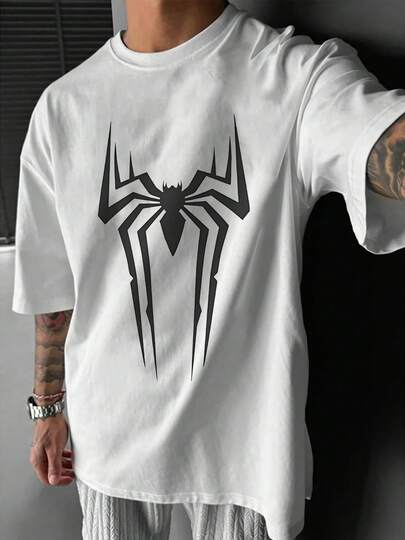 Camiseta gráfica para hombre con diseño de araña geométrica, camiseta urbana moderna para estilo casual, tela de algodón cómoda y transpirable, estampado exclusivo para hombre, camiseta elegante y de moda para uso diario.