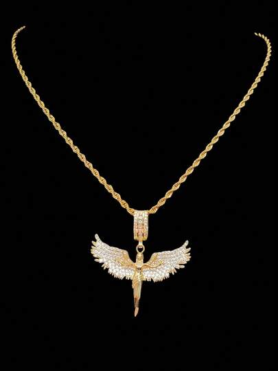 1pc Cubic Zirconia Angel Shaped Pendant & 1pc Stainless Steel Twisted Chain Necklace, Unisex Hip Hop Punk Pendant Necklace, Fashionable Vintage Jewelry, Suitable For Daily Wear Or Parties, Gift For Valentine