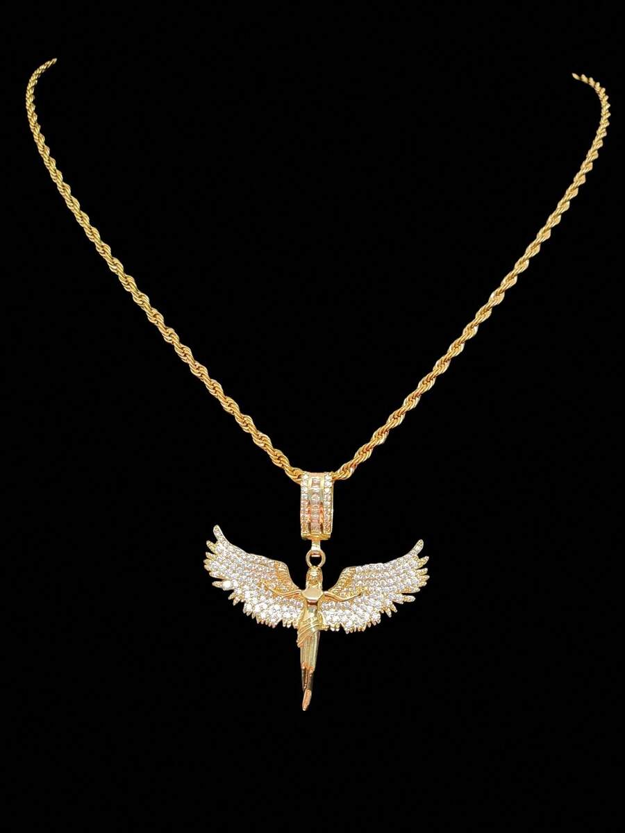 1pc Cubic Zirconia Angel Shaped Pendant & 1pc Stainless Steel Twisted Chain Necklace, Unisex Hip Hop Punk Pendant Necklace, Fashionable Vintage Jewelry, Suitable For Daily Wear Or Parties, Gift For Valentine - Yellow Gold - View 1