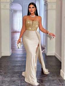 CHOSMO Elegant Sequin Patchwork High Slit Spaghetti Strap Party Dress Wedding Spring - Rose Gold - View 5