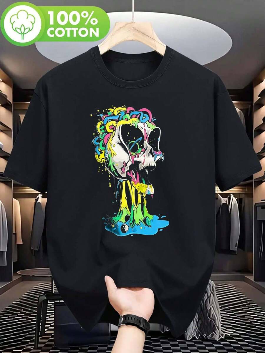 Camiseta gráfica de algodón 100% para hombre - Diseño vibrante de calavera y flores, manga corta, cuello redondo, camiseta deportiva casual para verano, actividades al aire libre | Estampado vibrante de calavera | Ajuste cómodo, TALLA GRANDE