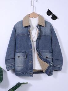 男童休闲浅色牛仔夹克，适合秋冬户外穿着 - 淺色水洗藍 - 查看 2