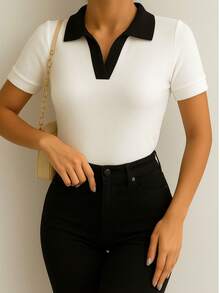 Women's Polo Work T-Shirt, Short Sleeve, Cotton - Bộ đồ hai màu 2 áo polo 1 đen 1 trắng - Xem 4